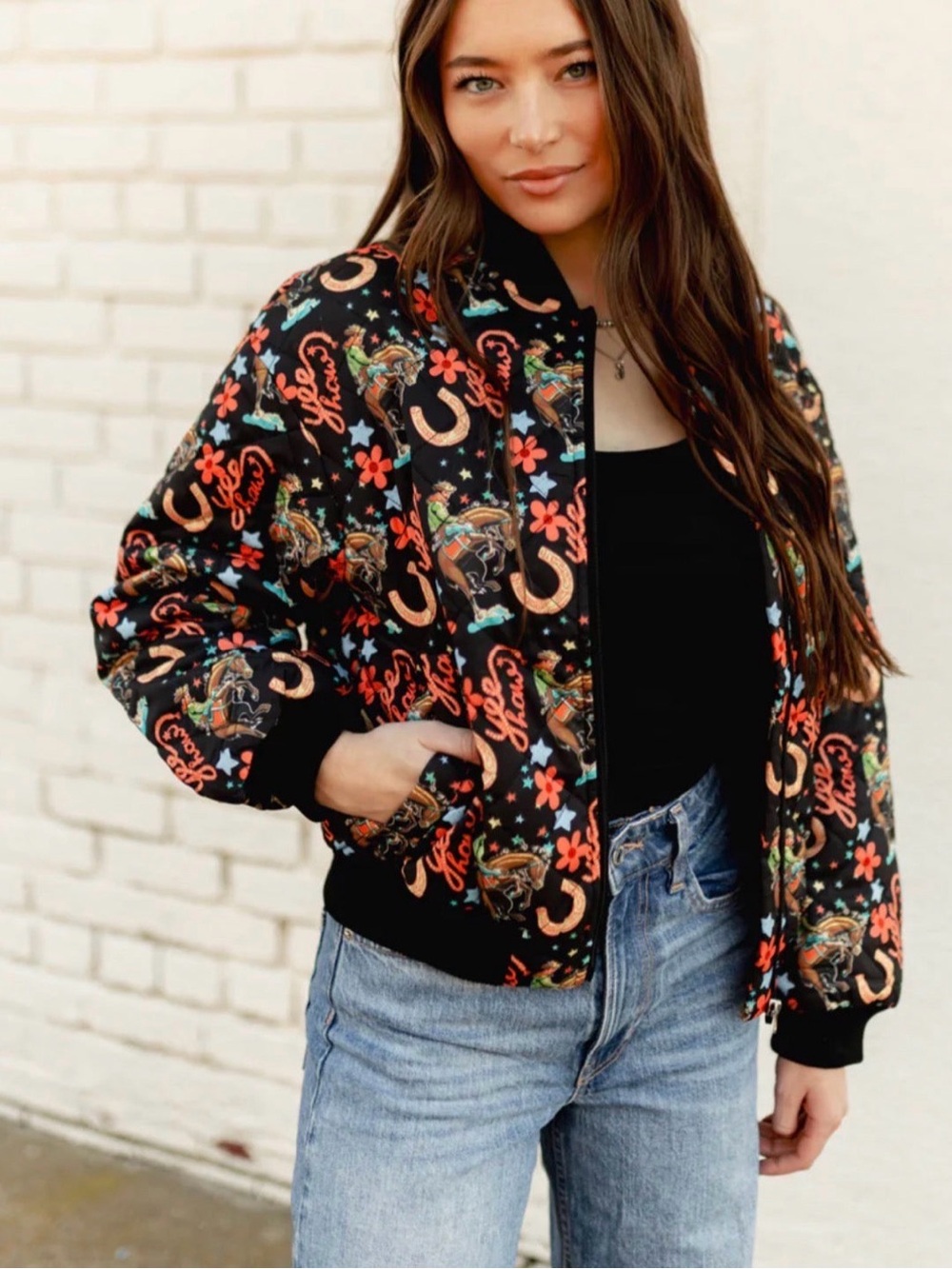 Women’s Floral & Horses Graphic Bomber Jacket - western rodeo turquoise haven